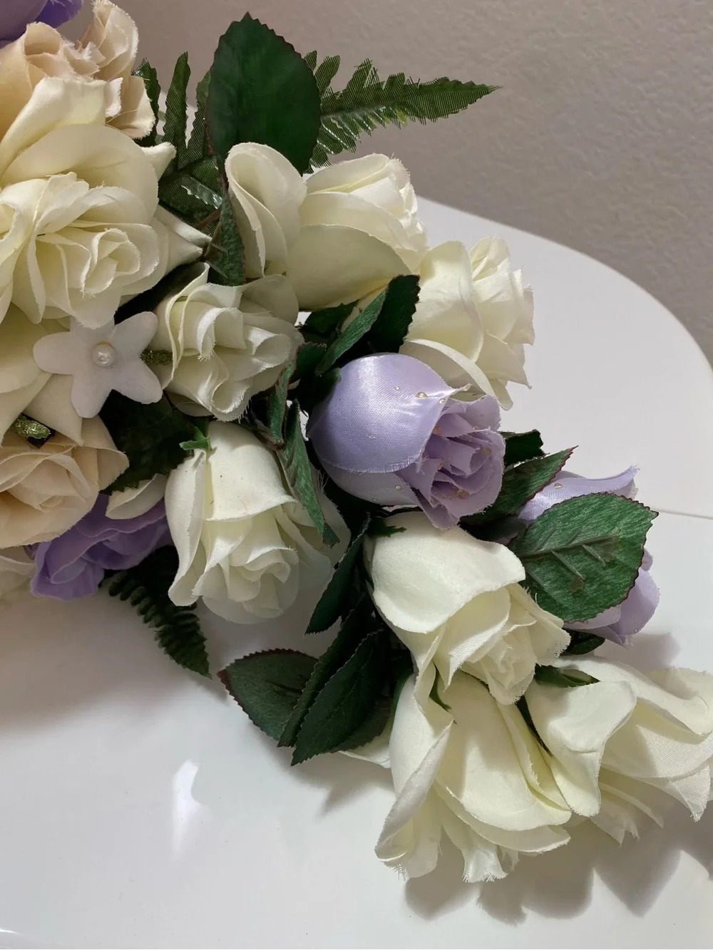 Elegant Cream and Lavender Artificial Rose Cascading Bridal Bouquet